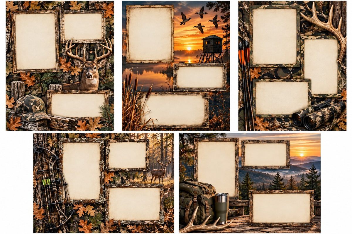 Hunting Memories Scrapbook Paper Set – 6 Rustic 8.5 x 11 Photo Frame Designs