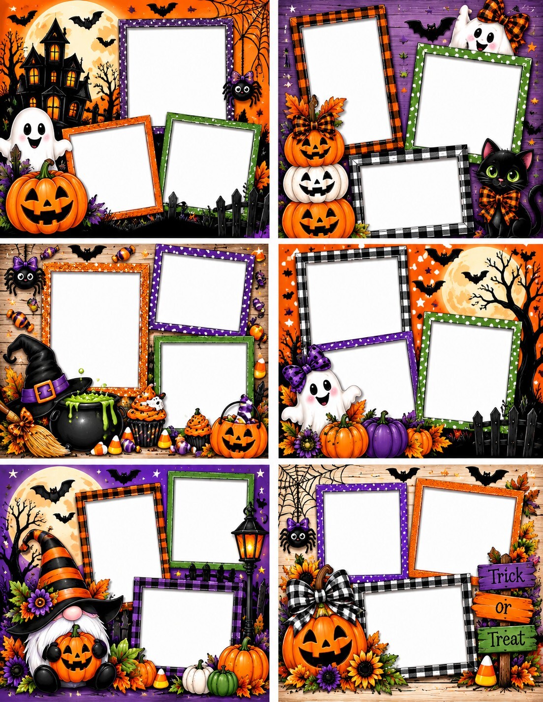 Halloween Scrapbook Paper Set of 6 – 8.5 x 11 Photo Frame Pages