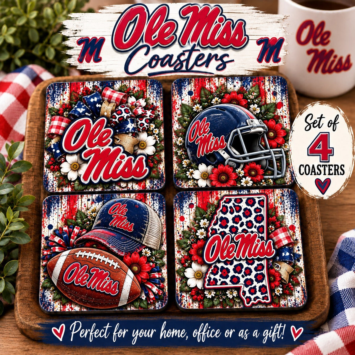 Handmade Ole Miss Ceramic Coaster Set 4