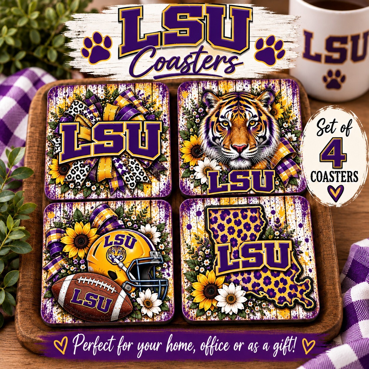 Handmade LSU Ceramic Tile Coasters – Set of 4 – Note Doodle Creations