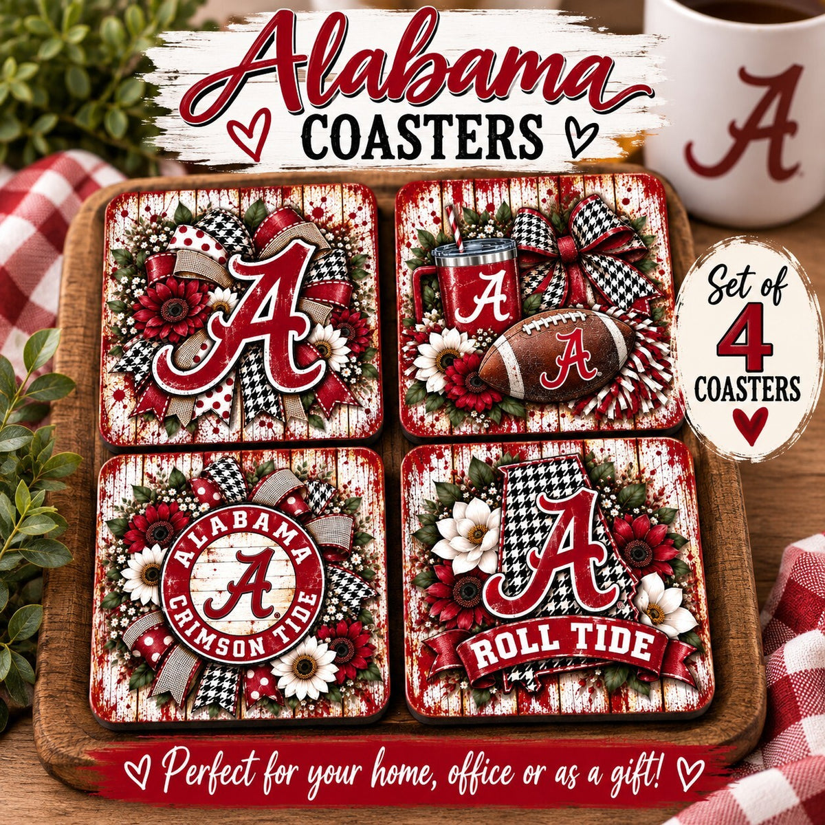 Handmade Alabama Ceramic Coasters Set 4
