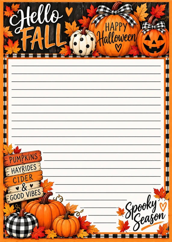 Hello Fall Halloween 5x7 Notepad | Pumpkin & Buffalo Plaid Note Pad